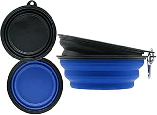 Sunlotus 2 Pack 650ml Collapsible Dog Bowl Portable Feeder for Dog Pet Food Water Bowl for Dog and Cat Extendable Pet Feeding Silicone Bowl with Hook (Blue+Black)