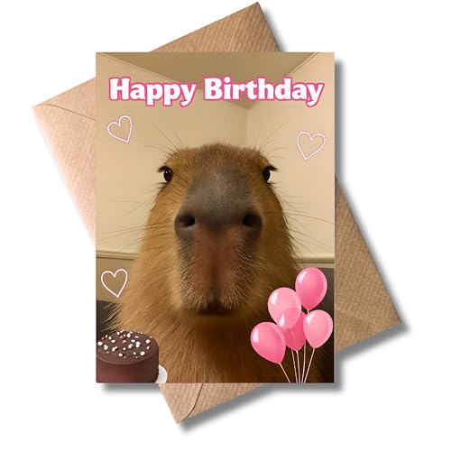 WBdesignz Geburtstagskarte mit Capybara - süße Glückwunschkarte „Happy Birthday“ mit Schokoladentorte & rosa Luftballons - für Freundinnen, Kolleginnen & Tierliebhaber zum Geburtstag (DIN A6)