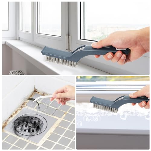 Image of PEUTIER 2pcs Hard Bristle Crevice Cleaning Brushes and 2pcs Hooks, Multifunctional Gap Cleaning Brush Grout Cleaner Scrub Brush for Household Use Shower Tile Kitchens Bathrooms Window Toilet (Blue)