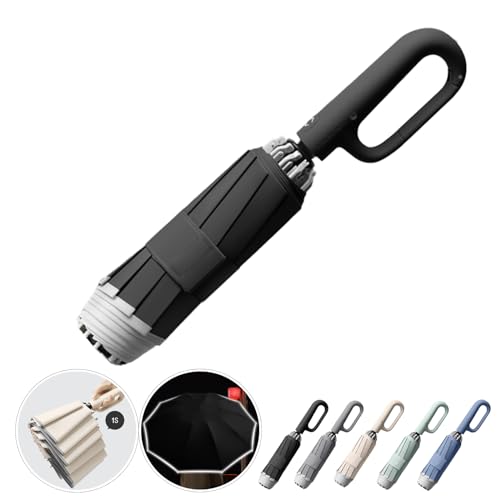 Ring Buckle Fully Automatic Umbrella, Reflective Safety Strip, Sturdy Windproof, Reverse Automatic, Travel Portable, Compact Folding (Black)