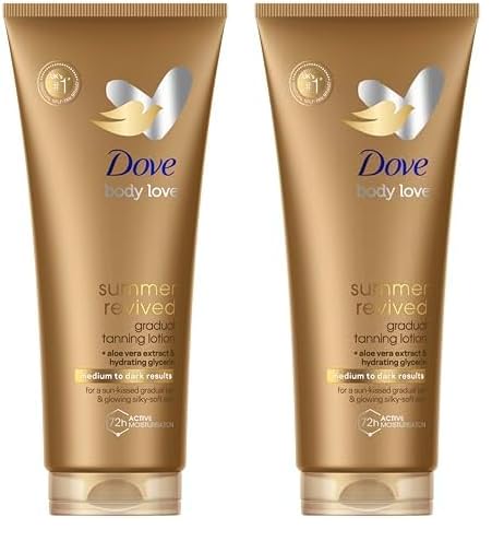 Dove Summer Revived Medium to Dark Gradual Tanning Lotion for a gradual tan and natural, radiant glow non‑greasy self-tan for all skin types 200 ml (Pack of 2)