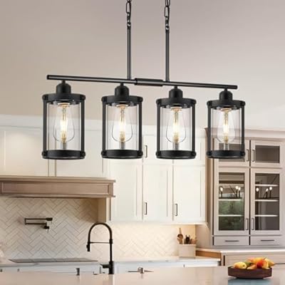 Osimir 4-Light Kitchen Island Lighting, Black Linear Dining Room Light Fixtures with Clear Glass and Chain, Modern Farmhouse Chandelier Pendant Light for Kitchen Island Dining Room, OS-3014-4ISBK