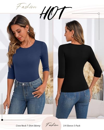 Huukeay 5 Pack Women's Elbow Sleeve Tops 3/4 Sleeve Cotton Round Neck T-Shirt Slim Fit Casual Stretchy Tunic Basic Tees Bulk2