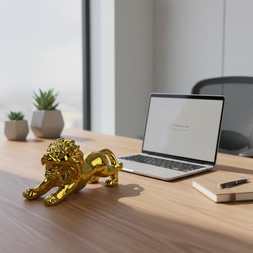 Image of HindCraft Golden Lion Showpiece for Home Decor | Feng Shui Lion Statue for Wealth, Success & Office Table Decoration