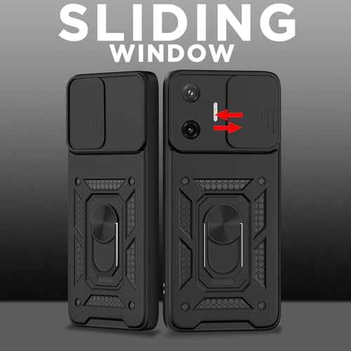 Image of Outlouders Back Cover for Poco F7 5G | D10 Tough Armor 360 Protection Case with Sliding Camera Shield & Ring Holder Stand Bumper Case (Black)