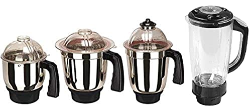 Rotomix Set of 4 Mixer Jar 3 Stainless Steel and 1 Juicer Jar Milkshake Jar (Chutney, Dry, Liquid and Milkshake Jar)|Standard Mixer Jar|Kitchen Tools|Mixer Grinder Steel jar with lid(Steel Black)