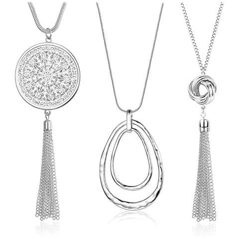 SEVENSTONE 3PCS Long Pendant Necklaces for Women Knot Disk Circle Tassel Statement Sweater Silver Necklace Set Cover
