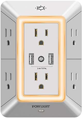 Multi Plug Outlet, Surge Protector, POWLIGHT 6-Outlet Extender with 2 USB Ports, 3-Sided Power Strip with Adapter Spaced Outlets, ETL Listed (Grey)