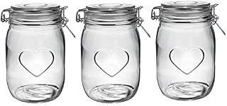 Nicola Spring Heart Glass Storage Jars with Airtight Clip Lid - 1 Litre Set - Clear Seal - Pack of 3