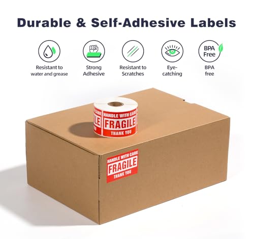 Image of 3 x 2 Inch Handle with Care 500 Fragile Stickers for Shipping Moving Glass Permanent Adhesive Commercial Grade Fragile Labels (1 Roll, 500 Labels)