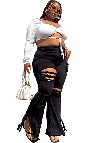 Hannahzone Plus Size Flare Jeans For Women Stretch High Waist Ripped Bell Bottom Jeans #TOP5