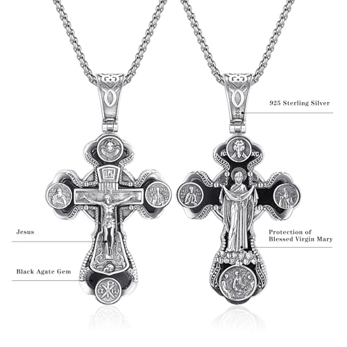 Orthodox Cross Necklace, 925 Sterling Silver Crucifix Cross for Men Women Black Onyx Jesus & Virgin Mary Cross Pendant Necklaces Christian Religious Jewelry Gift4