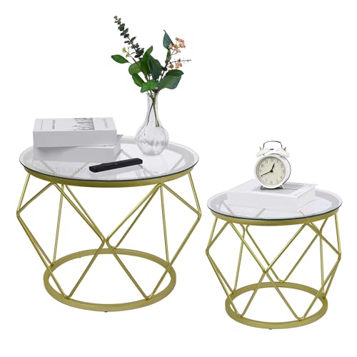 Hzuaneri Couchtisch rund, 2er Set Beistelltische, Beistelltisch-Set mit Metallrahmen, Kleiner Beistelltisch für Wohnzimmer, Schlafzimmer, Büro, Schlafzimmer, Gold 01801GCT – Bild 8