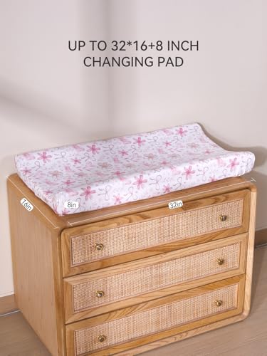 Image of Changing Pad Cover Set in Soft Jersey Material - Fits 32 inch /34''x16 Contoured Pad for Babies, Pink Flower&Butterfly
