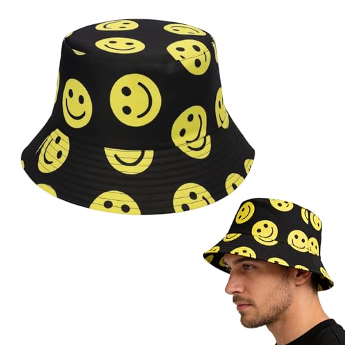 YFHUVB Oasis Bucket Hat Double Sided Smiling Face Bucket Hat Suitable for Outdoor Activities Dressing Up Fishing Cycling and Traveling Bucket Hats(Black)