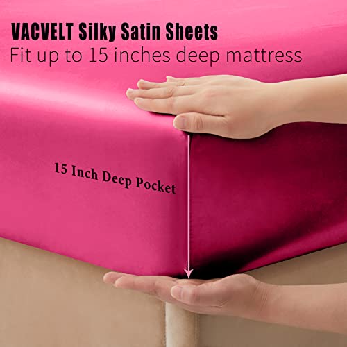 Vacvelt 4Pcs Hot Pink Satin Sheets Full Size Bed Set, 15 Inch Deep Pocket Silky Satin Sheet Set, Soft Satin Bedding Set Cooling & Luxury Bed Sheets, 1 Fitted Sheet + 1 Flat Sheet + 2 Pillowcases #TOP3