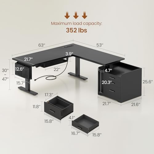 Image of SEDETA L Shaped Electric Standing Desk with File Cabinet, 63 x 53'' Height Adjustable Home Office Computer Desk with Drawers, Power Outlet, Stand up Gaming Table with Led Lights, Keyboard Tray, Black