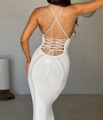 Image of BOLLEY JOSS Women Crochet Knit Bodycon Maxi Dress Sexy V Neck Backless Hollow Out Lace Up Corset Dress Sundress Beach Dresses