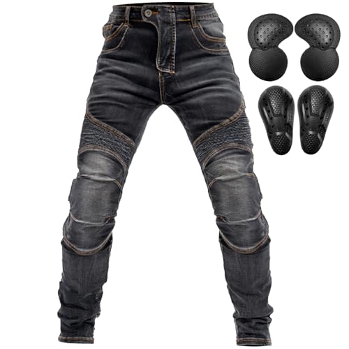QIYUANT Hombre Pantalones de Motocicleta Moto Jeans Resistencia al Desgarro Casual Retro Elásticos con Equipo de Protección Mejorada Desmontable Anti Caída (Negro, XXL)