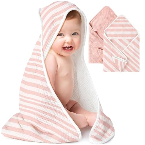Image of Konssy 2-Pack Muslin Hooded Baby Towels, 100% Cotton, Ultra-Soft & Absorbent Baby Bath Towels with Hood for Newborn & Infant (Pink, Stripe, 32" x 32")