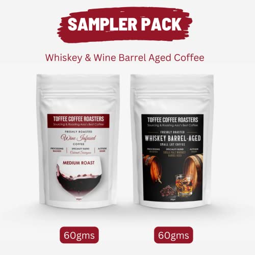Image of Toffee Coffee Roasters Freshly Roasted Barrel Aged Coffee Sampler Pack Combo (Whiskey Barrel - 60Gm And Wine Infused - 60Gm) - Frenchpress Packet