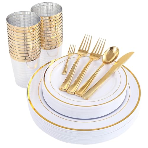 WDF 25Guest Gold Plastic Plates - Heavy Duty Plastic Plates Dinnerware - Include 25 Dinner Plate 25 Salad Plates 50 Forks 25 Knives 25 Spoons 25 Cups 25 Mini Forks for Wedding Birthday Valentine’s Day