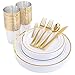 WDF 25Guest Gold Plastic Plates with Gold Silverware,Disposable Cups-include 25 Dinner Plates, 25 Salad Plates, 50 Forks, 25 Knives, 25 Spoons &Plastic Cups/Bonus 25 Mini Forks (Dinnerware)