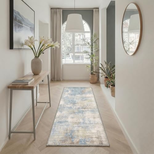 Image of BEIMO Area Rugs 8x10 for Living Room Bedroom, Modern Abstract Machine Washable Rug, Large Soft Low Pile Floor Cover with Non Slip Backing for Dining Room, Dusty Blue Beige