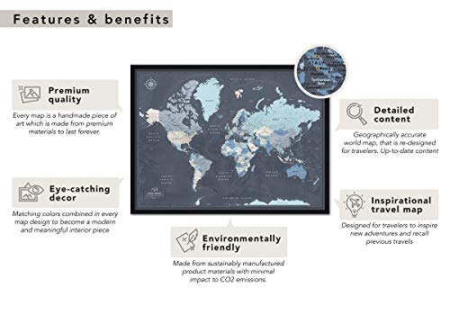 Travel Map With Pins World Personalized | Framed World Wall Map With Push Pins | Personalized Family Travel Push Pin Map | 24" X 32" Up To 40" X 53" #TOP6