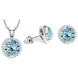 SWAROVSKI Nickel Free Bonus Gift Pouch - Warranty - DAZZLING SPARKLE ! March Aquamarine Crystal 8mm Pendant necklace and Stud Earrings Birthstone Jewelry sets for Women - 14k White Gold Hypoallergenic Electroplating - Authenticity Certificate +TAGS