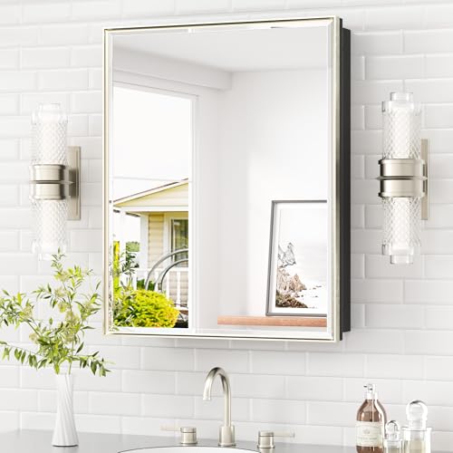 TETOTE Medicine Cabinet Mirror 24" x 30", Brushed Nickel Recessed Medicine Cabinet with Beveled Tempered Mirror, Stepless Adjustable Shelves, DTC Hinges by TETOTE - Used condition - US$192.28