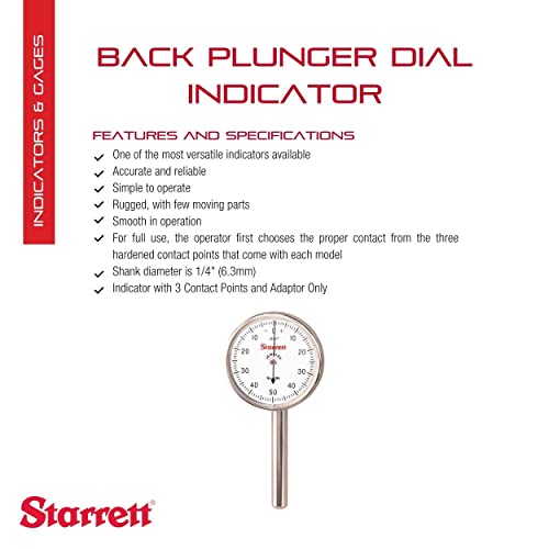 Starrett 196A5Z Universal-Messuhr, hinterer Kolben, weißes Zifferblatt, 0-50-0 Ablesung, 0-0,2 Bereich, 0,001 Graduierung