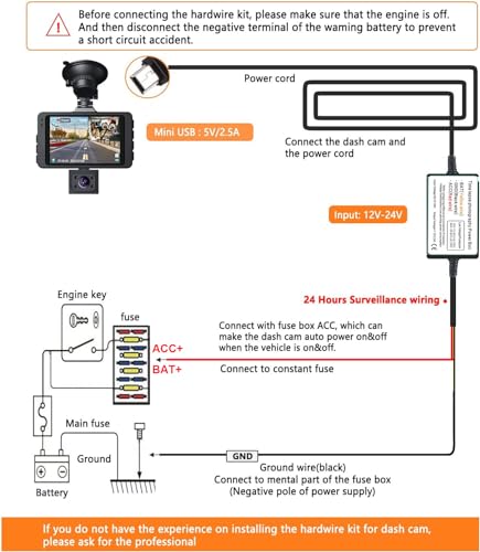 Image of Gebildet Dash Cam Hardwire Kit, Mini USB Port, DC 12V - 24V to 5V /2.5A Max Car Charger Cable kit with Fuse, Low Voltage Protection for Dash Cam Cameras