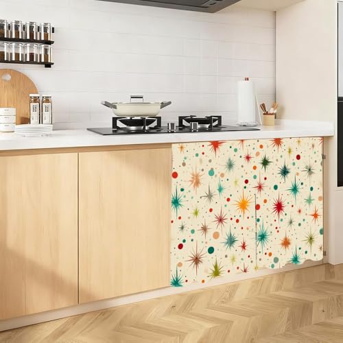 Image of Self Adhesive Retro Starburst Cabinet Curtain for Mother's Day, 39x28 Inch Mid-Century Modern Under Sink Skirt No Drill, Spring Cleaning Kitchen Decor, Hook and Loop Valance