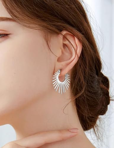 Statement Silver Sun Earrings for Women – Large 925 Silver Plated Trendy Hoop Earrings Non Tarnish Hypoallergenic Jewelry for Womens Fashion Big Earings for Woman3