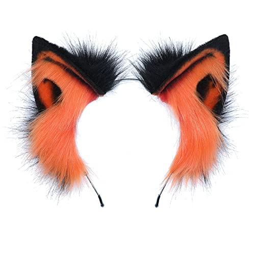 Fxaelian Cosplay Fluffy Orange Animal Fox Wolf Cat Dog Ears Headband Hairband Hair Hoop Halloween Costume Party Headpiece Headwear Hair Accessories G Black