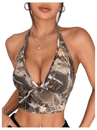 OYOANGLE Women's Camo Print Halter Camisoles Deep V Neck Backless Y2K Fitted Crop Tops