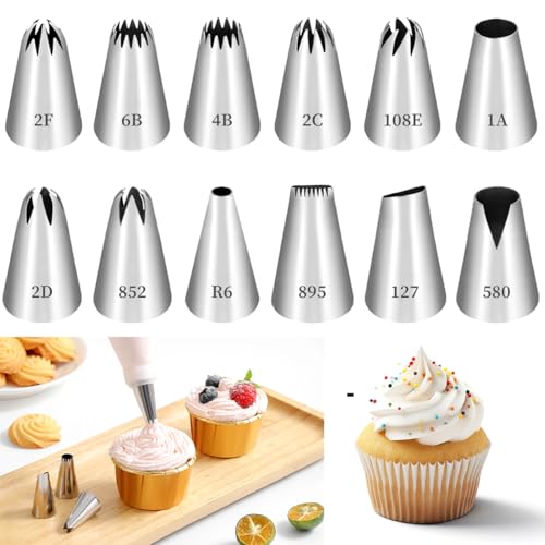 12 Pcs Beccucci Sac a Poche, Bocchette Sac a Poche Professionali in Acciaio Inox, Beccucci Decorazione Pasticceria per Torte, Cupcake, Biscotti, 12 Forme Diverse