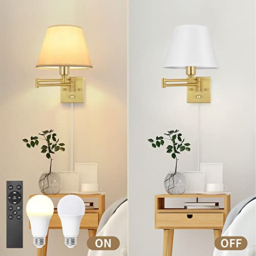 Image of TRLIFE Dimmable Wall Sconce, Remote Control Dimming 10-100% and Adjustable Color Temperature 2700K-6500K Brushed Brass Swing Arm Wall Lights with Plug in Cord, 9.4 inch Medium White Shade(2 Pack, 2 Bulbs)