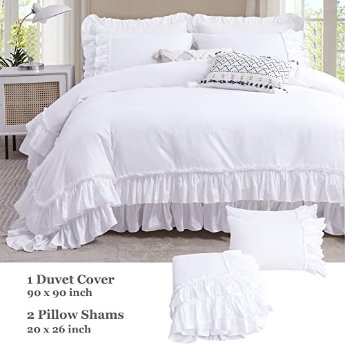 Image of QSH Ruffle White Duvet Cover Queen Size -Washed Cotton Shabby Farmhouse Ruffled Bedding Comforter Cover 3 pcs Aesthetic French Country Queen Duvet Cover Cotton Extra Soft and Breathable