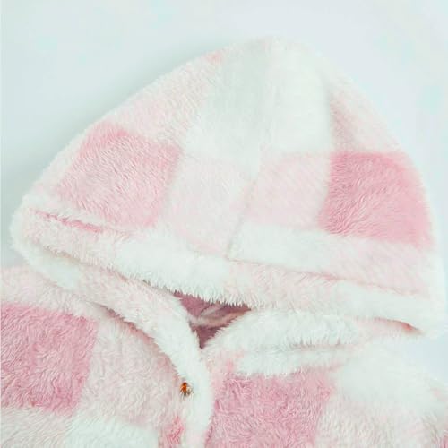 Fuzzy Hoodies for Kids Girls Plaid Warm Button Hooded Pullovers Preppy Oversized Sherpa Fashion Sweatshirts3