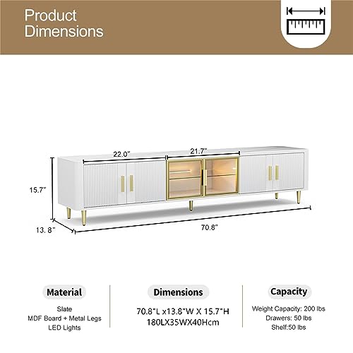 IKIFLY Modern TV Stand for 85+ inch TV, White LED Slate Entertainment Center with Glass Storage Cabinets and LED Lights for Living Room