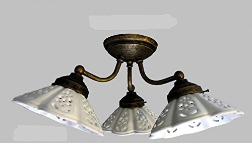 Plafonnier en laiton bruni à 3 lumières avec céramique blanche ajourée