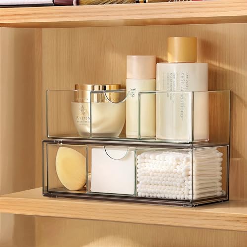PAVSTINE Medicine Cabinet Organizer 2 Pack, Stackable Storage Drawers with Removable Divider, Make...