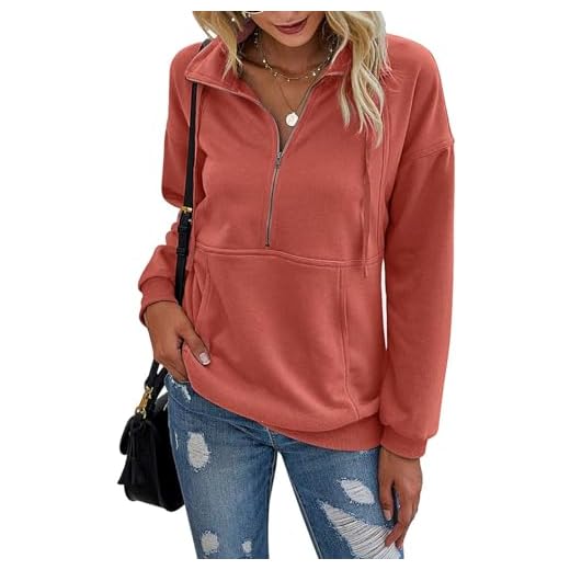 PRETTYGARDEN Women’s Casual Long Sleeve Lapel Zipper Sweatshirt Drawstring Loose Pullover Tops Orange Red