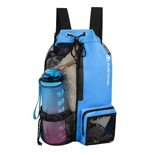 flintronic Swimming Bag, Waterproof Swim Bag Sport Gym Bag, Drawstring Mesh Bags, Large Swim String Backpack with Wet & Dry Compartment, Swimming Equipment Bag for Men Women Beach, Gym, Sport, Blue