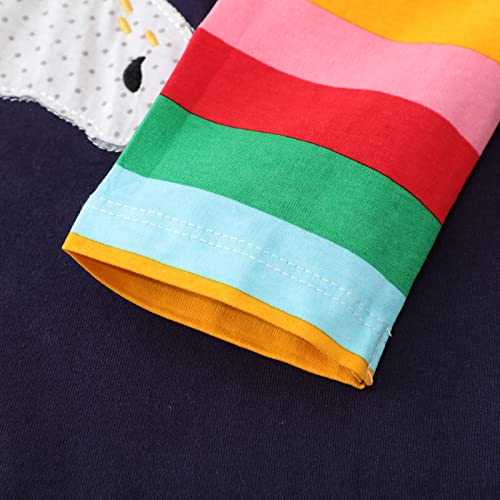 Image of Girls Cotton Long Sleeve Casual Cartoon Appliques Striped Jersey Dresses