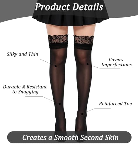 Lace Top Thigh High Stockings, 2Pcs Lace Thigh Highs Semi-transparent & Non-slip Design for Women (White & Black)2