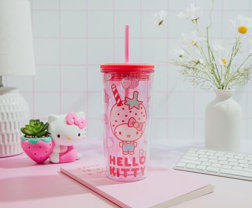 Image of Silver Buffalo Sanrio Hello Kitty Strawberry, Tumbler with Straw, 20oz | Spill Resistant Plastic, 0.59 Liters