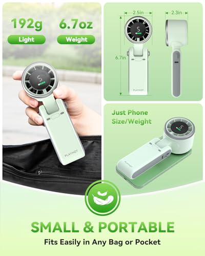 Image of PlayHot Portable Handheld Turbo Fan, Travel Essentials, Gifts for Women /Men | 5-Speed, Up to 12H, 10m /s Airflow, USB-C Rechargeable, LED Display, 3-in-1 Foldable Personal Fan for Cruise, Beach, Vacation